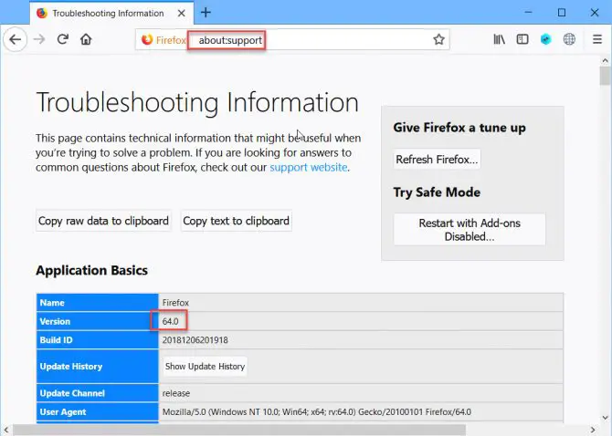 About Support troubleshooting information version and build number of Firefox