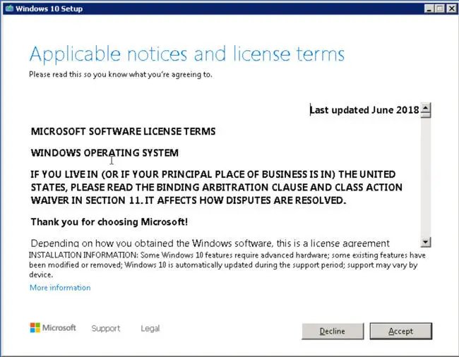 Accept Windows 10 license agreement