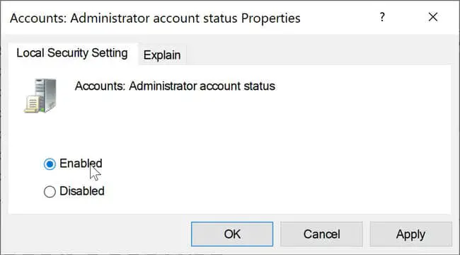 Accounts Administrator account status enable or disable