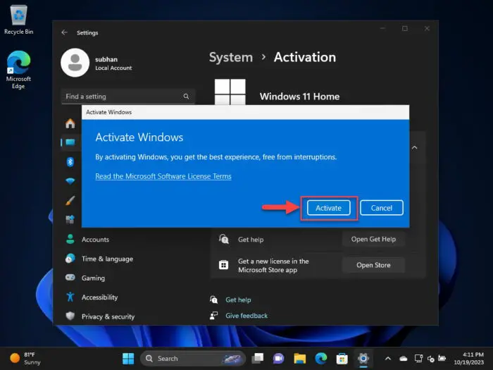 Activate Windows 11 with product key