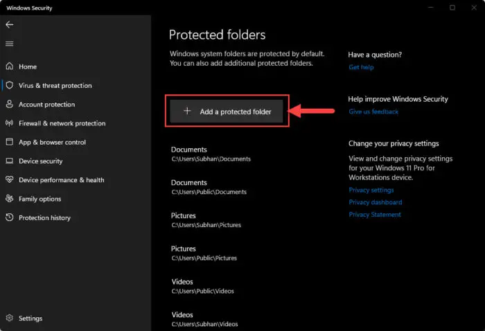 Add a new protected folder