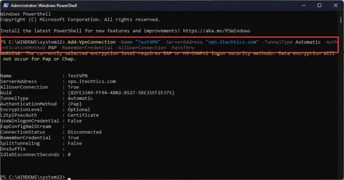 Add a new VPN connection using PowerShell
