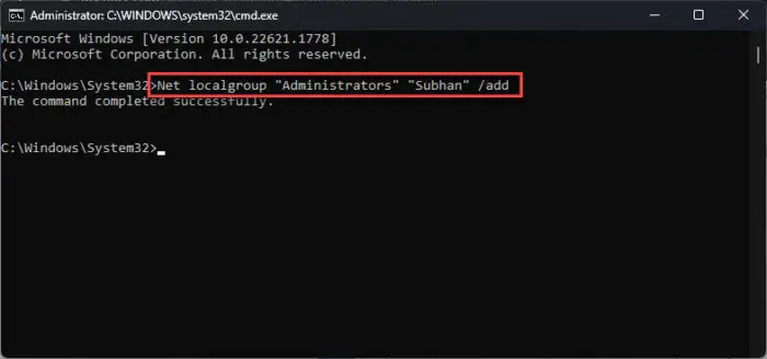 Add user to Administrators group from Command Prompt