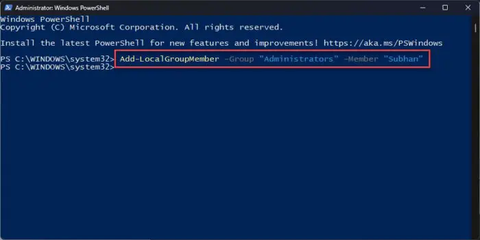 Add user to Administrators group from PowerShell