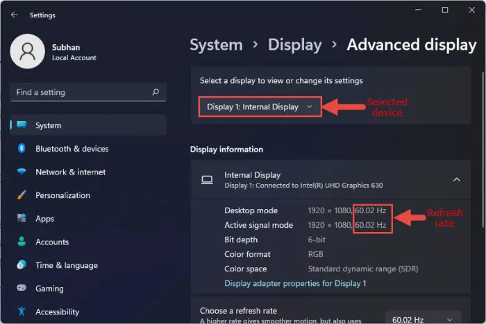advanced display current refresh rate