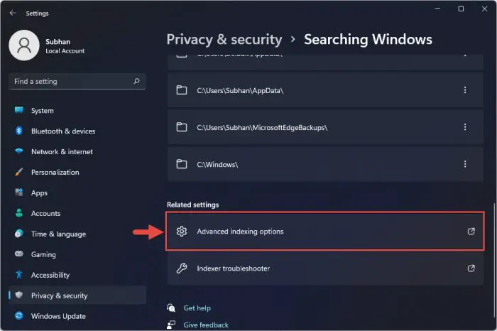 Advanced indexing options