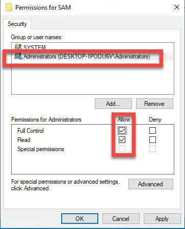 Allow full control to Administrators on SAM registry