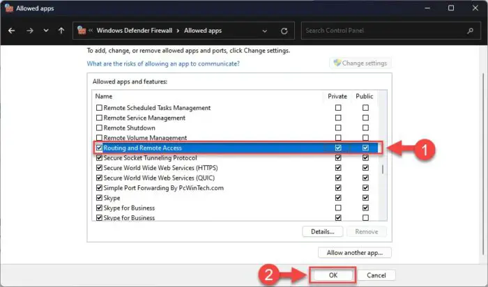 Allow routing and remote access through firewall