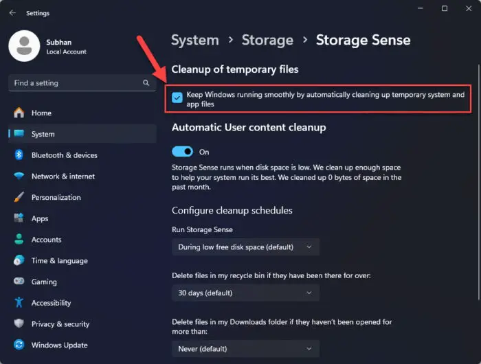 Allow Storage Sense to automatically clean up temporary files