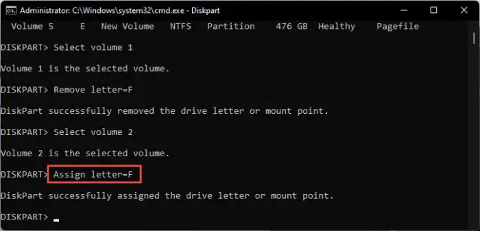 Assign primary drive's letter to the secondary drive using Command Prompt