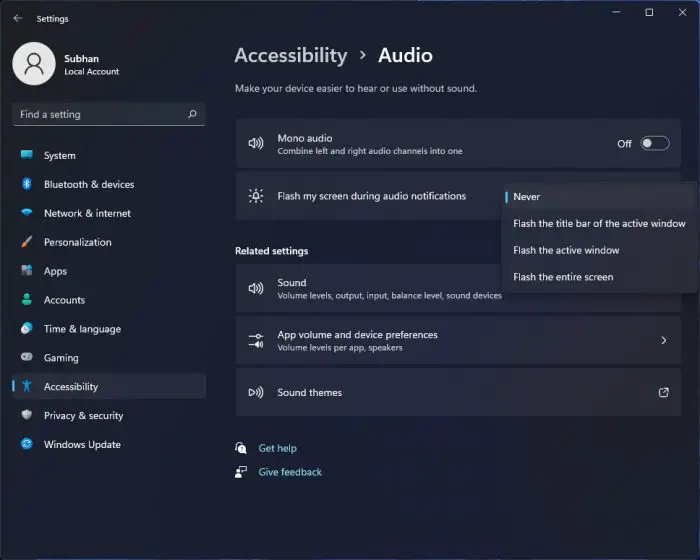 Audio accessibility setting