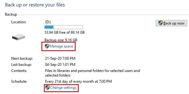 BR manage space change settings