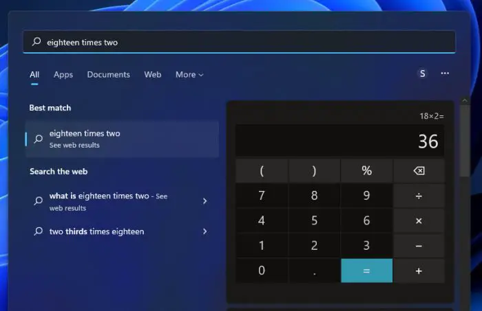 Calculations in Start menu