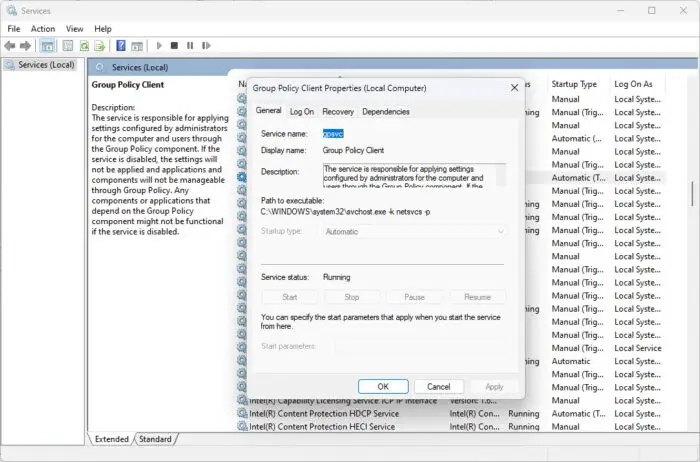 Cannot restart Group Policy Client service