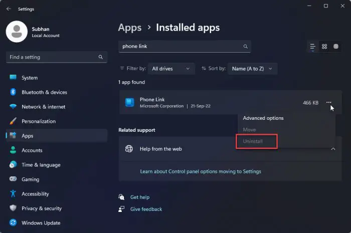 Cannot uninstall Phone Link from Settings app