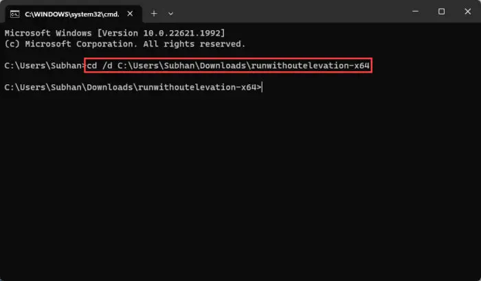 Change the directory to the RunWithoutElevation folder