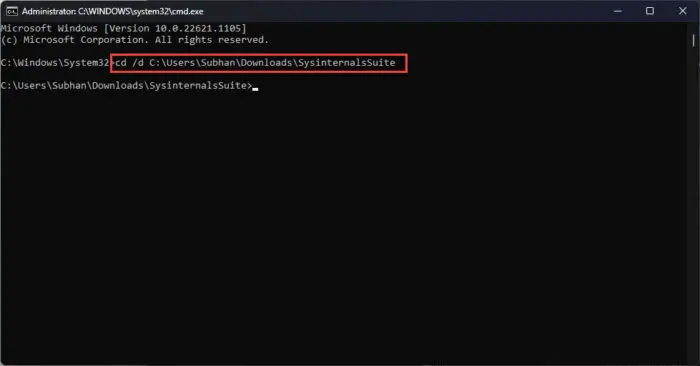 Change directory to Sysinternals Suite