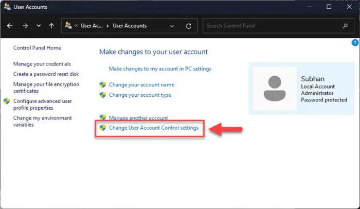 Change UAC settings from Control Panel
