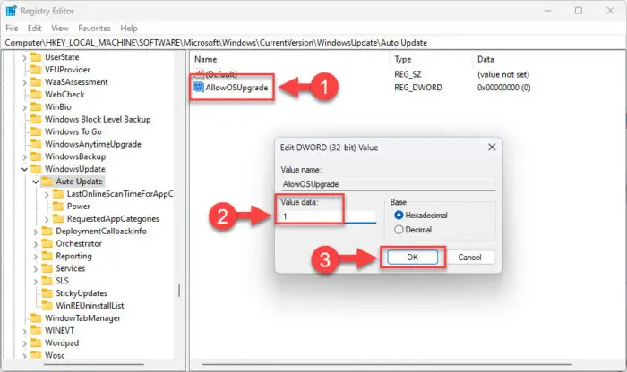 Change Value Data for AllowOSUpgrade to 1