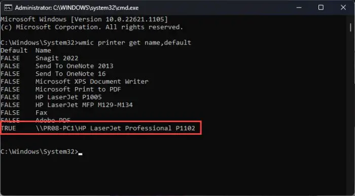 Check default printer from Command Prompt