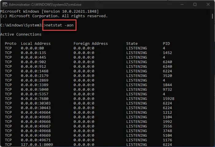 Check for listening ports in Command Prompt using Netstat