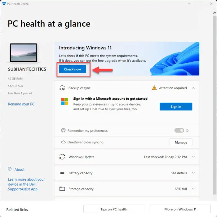 Check if PC meetings minimum requirements for Windows 11