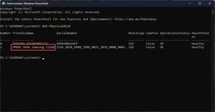 Check SSD type using PowerShell