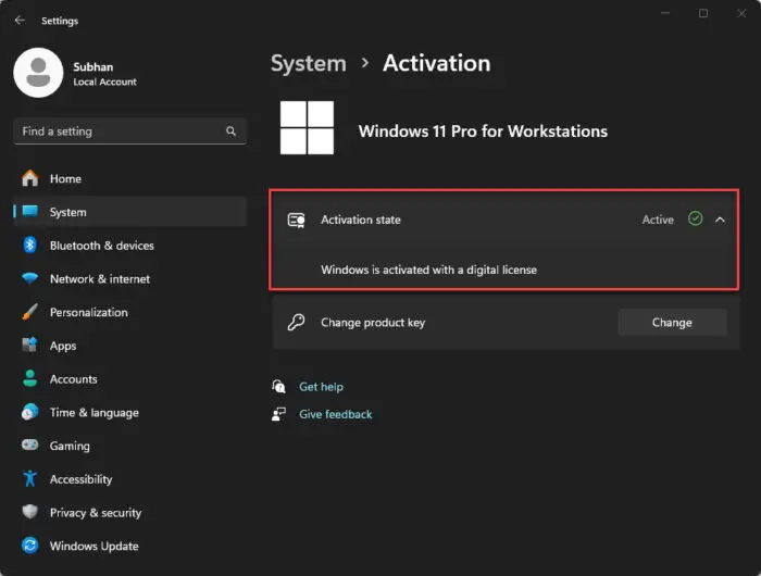 Check Windows activation status from Settings
