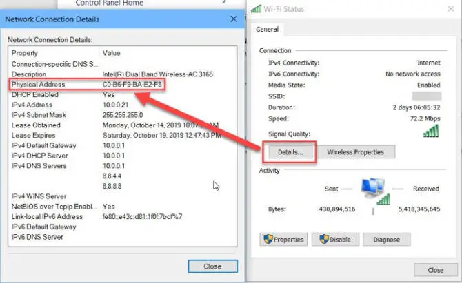 Checking physical address using network connection details