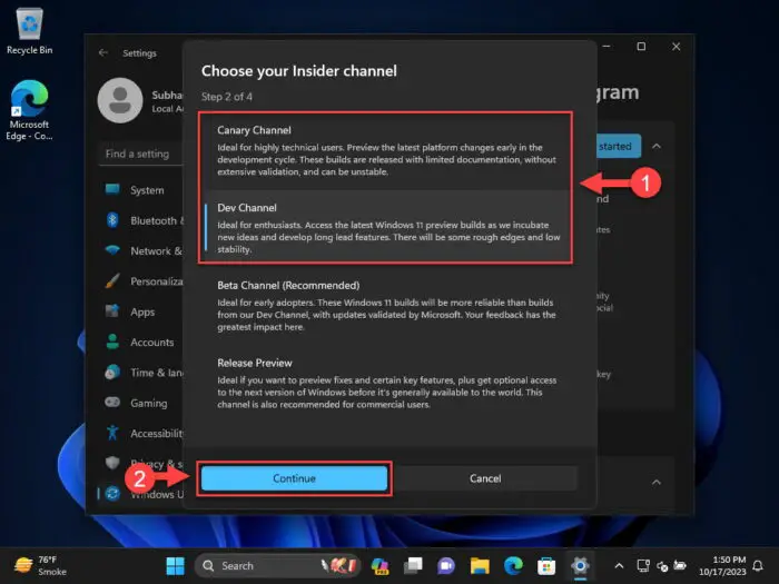 Choose the Dev or the Canary Insider channel