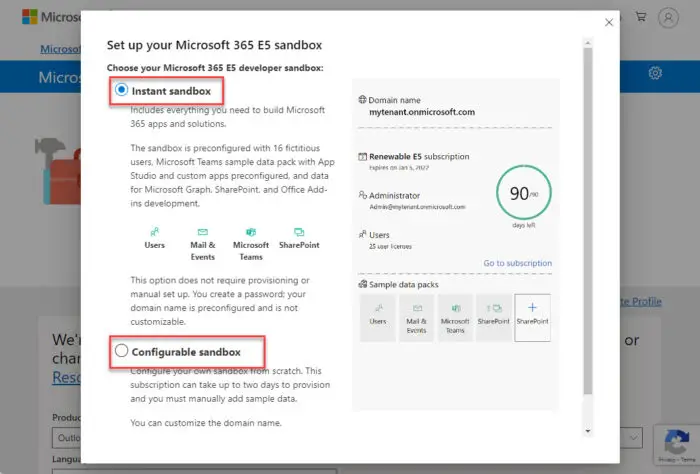 Choose your Microsoft 365 E5 Sandbox type