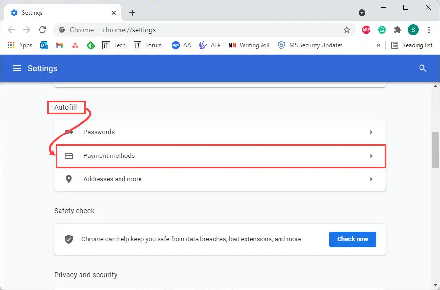 chrome autofill payment methods