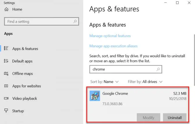 Chrome version check using Apps and Features Windows