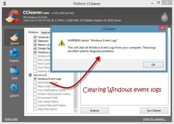 Clearing Windows Event logs using CCleaner