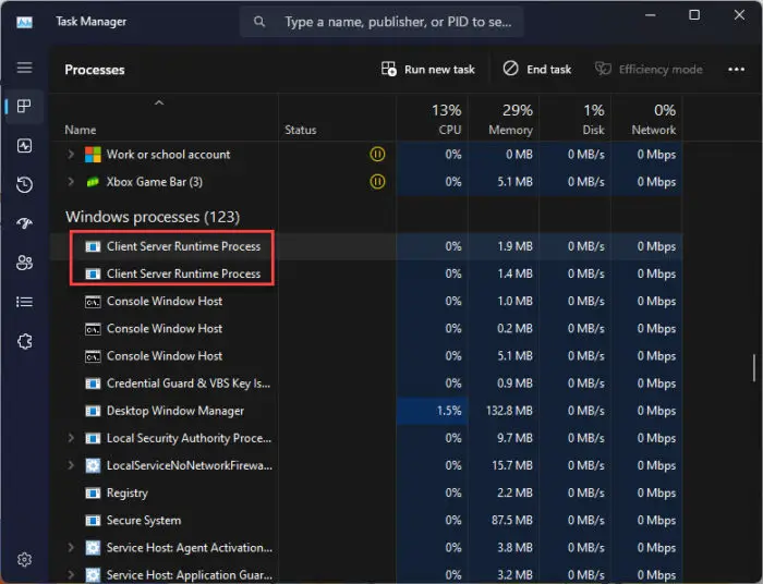 Client Server Runtime Process in the Task Manager