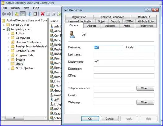 Active Directory Users and Computers user properties