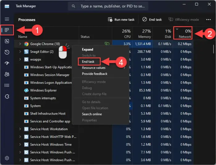 Close apps and programs consuming bandwidth from Task Manager