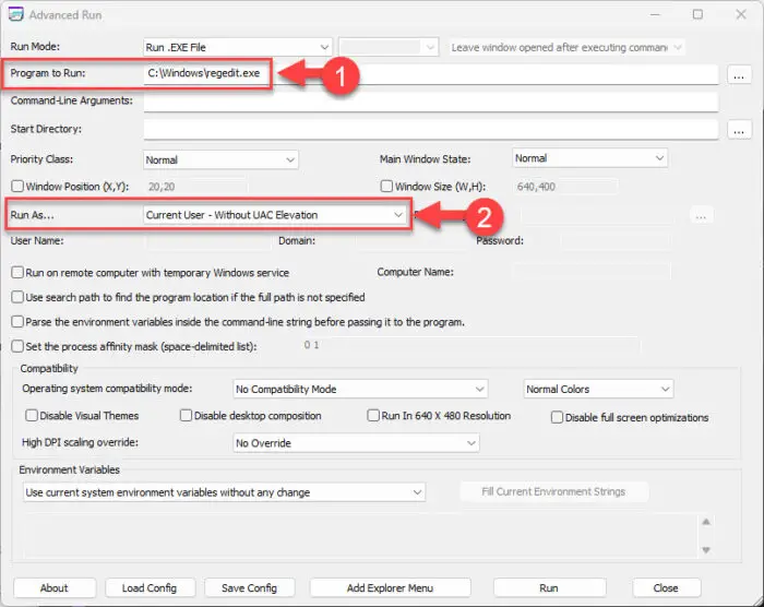 Configure AdvancedRun by NirSoft to run application without privilege elevation