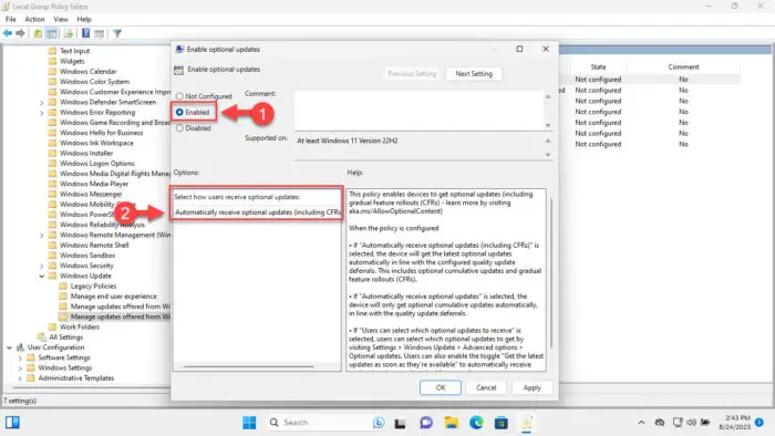 Configure installing Windows optional updates automatically