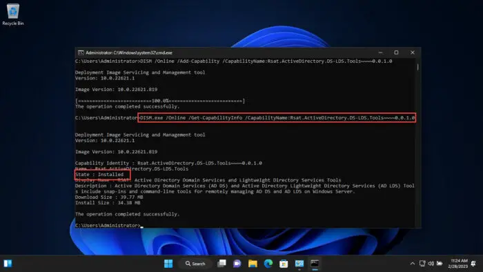 Confirm ADUC installation from Command Prompt