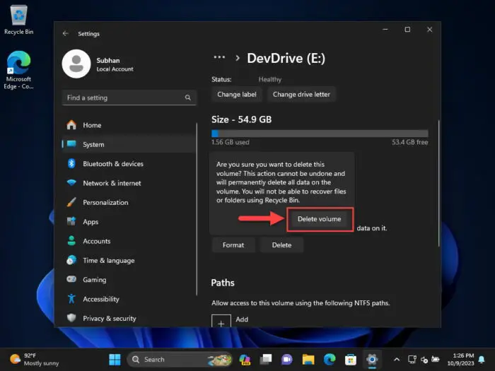 Confirm Dev Drive deletion