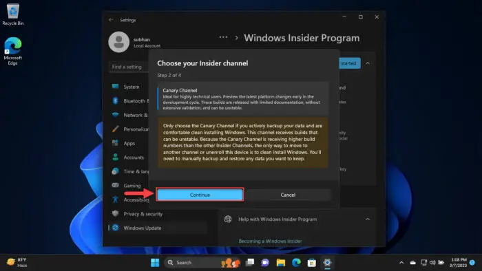 Confirm joining the Windows Insider channel