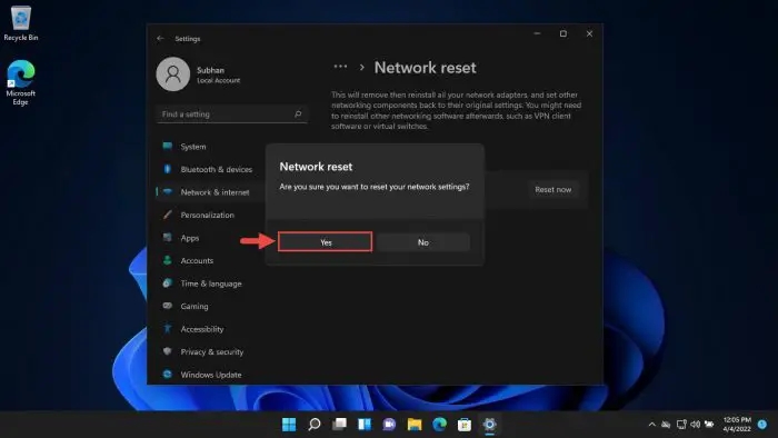 Confirm network reset