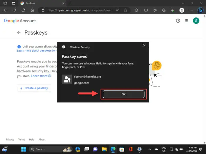 Confirm passkey creation