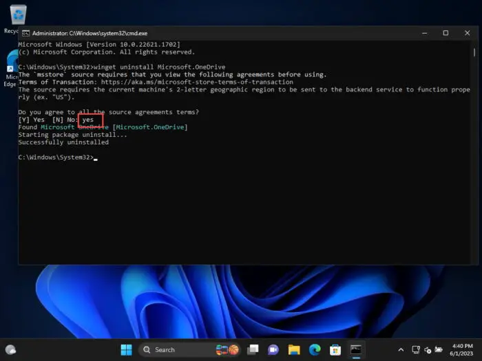 Confirm uninstallation of OneDrive using Command Prompt