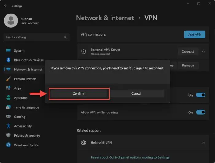 Confirm VPN profile removal