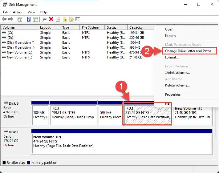 Change drive letter from the Disk Management Console