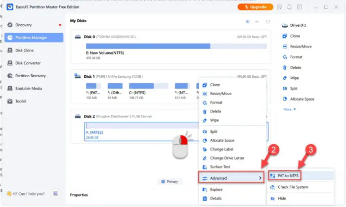 Convert FAT32 to NTFS file system using EaseUS