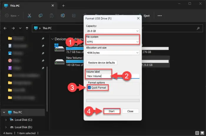 Convert the FAT32 drive to NTFS exFAT format from File Explorer