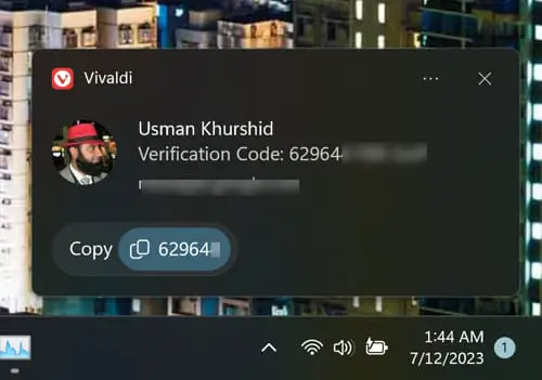 Copy code from toast messages in Windows 11